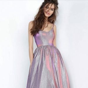 Jovani - JVN2191 Metallic Scoop Neck A-Line Gown